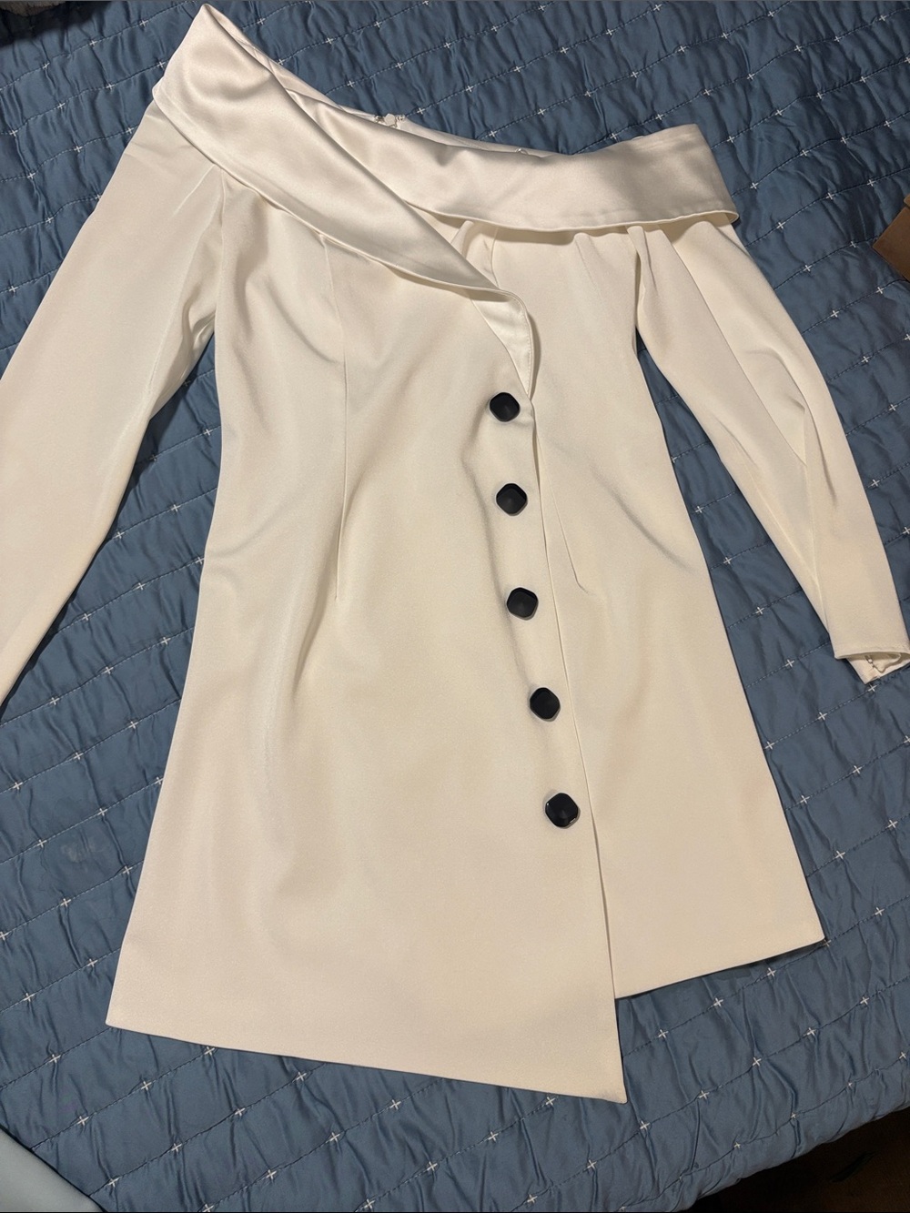 Elegant Off-Shoulder Cream Dress with Black Buttons